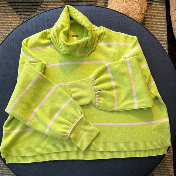 Free People // Lime Green Striped Turtleneck Sweater // cropped // Large - Picture 5 of 6